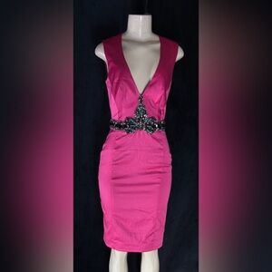 Fuchsia Embellished Deep V Sheath Dress by Mandalay